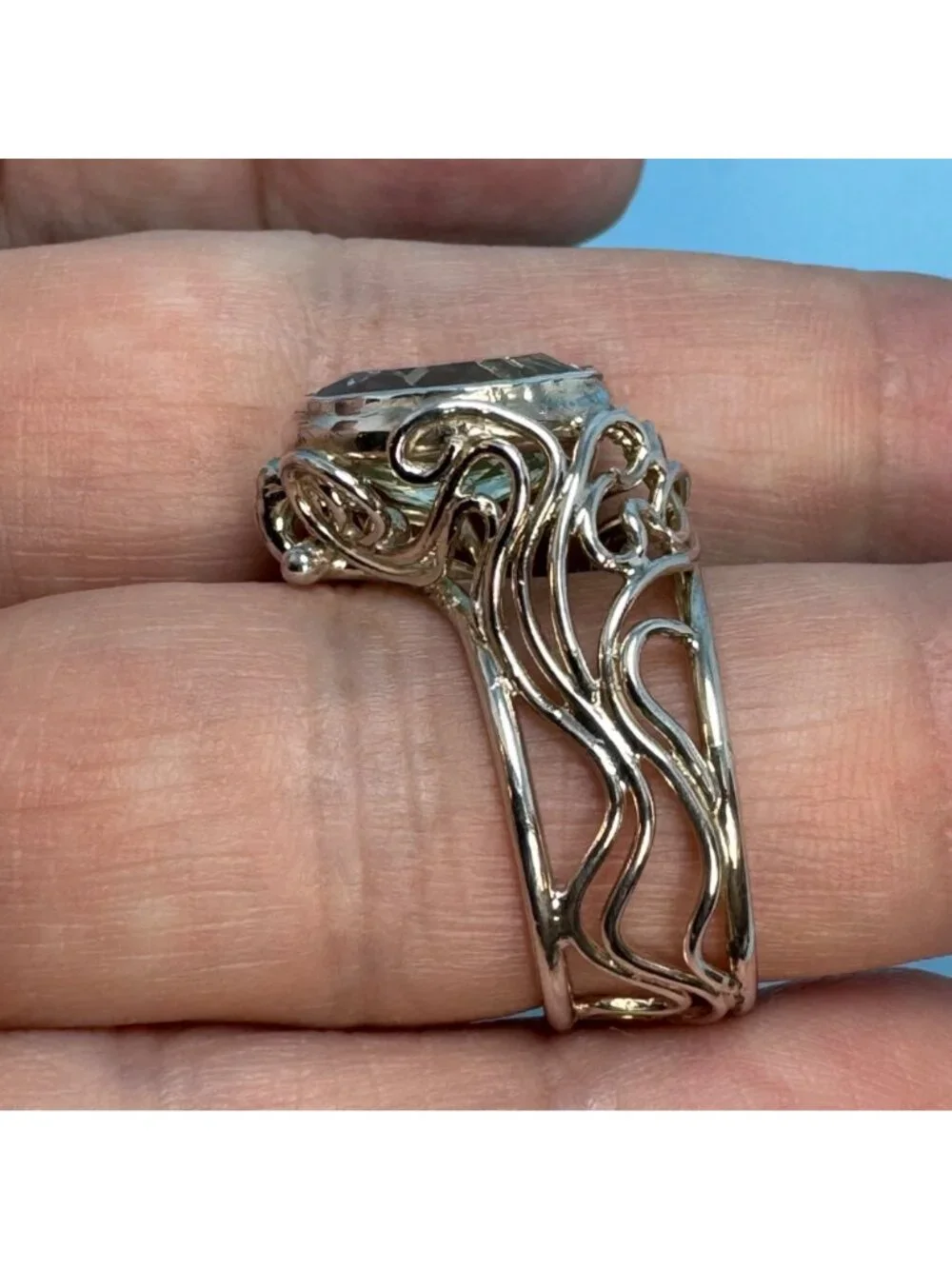 Handmade Topaz Bezel Set Filigree Design Band Sterling Silver 925 Ring Size 6.75 - Picture 6 of 11